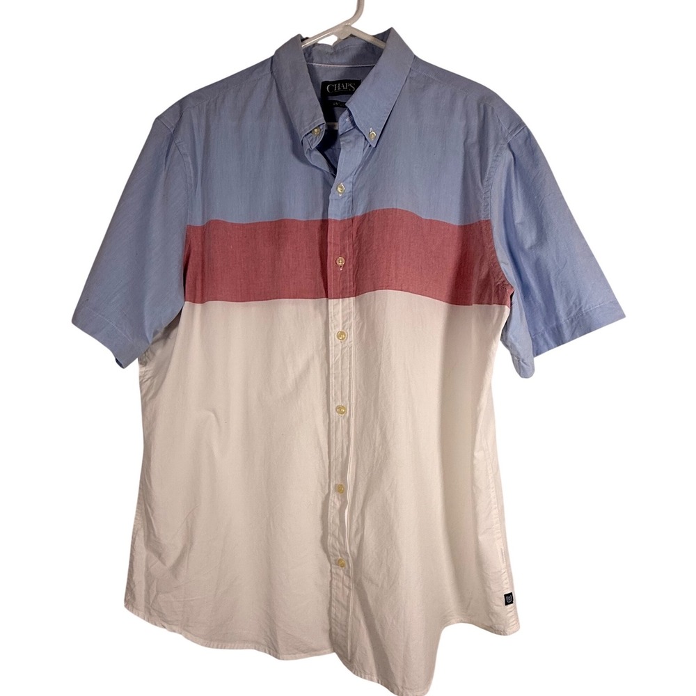 Chaps Go Untucked Mens XL Short Sleeve Button Down Shirt y2k Colorblock Blue Red